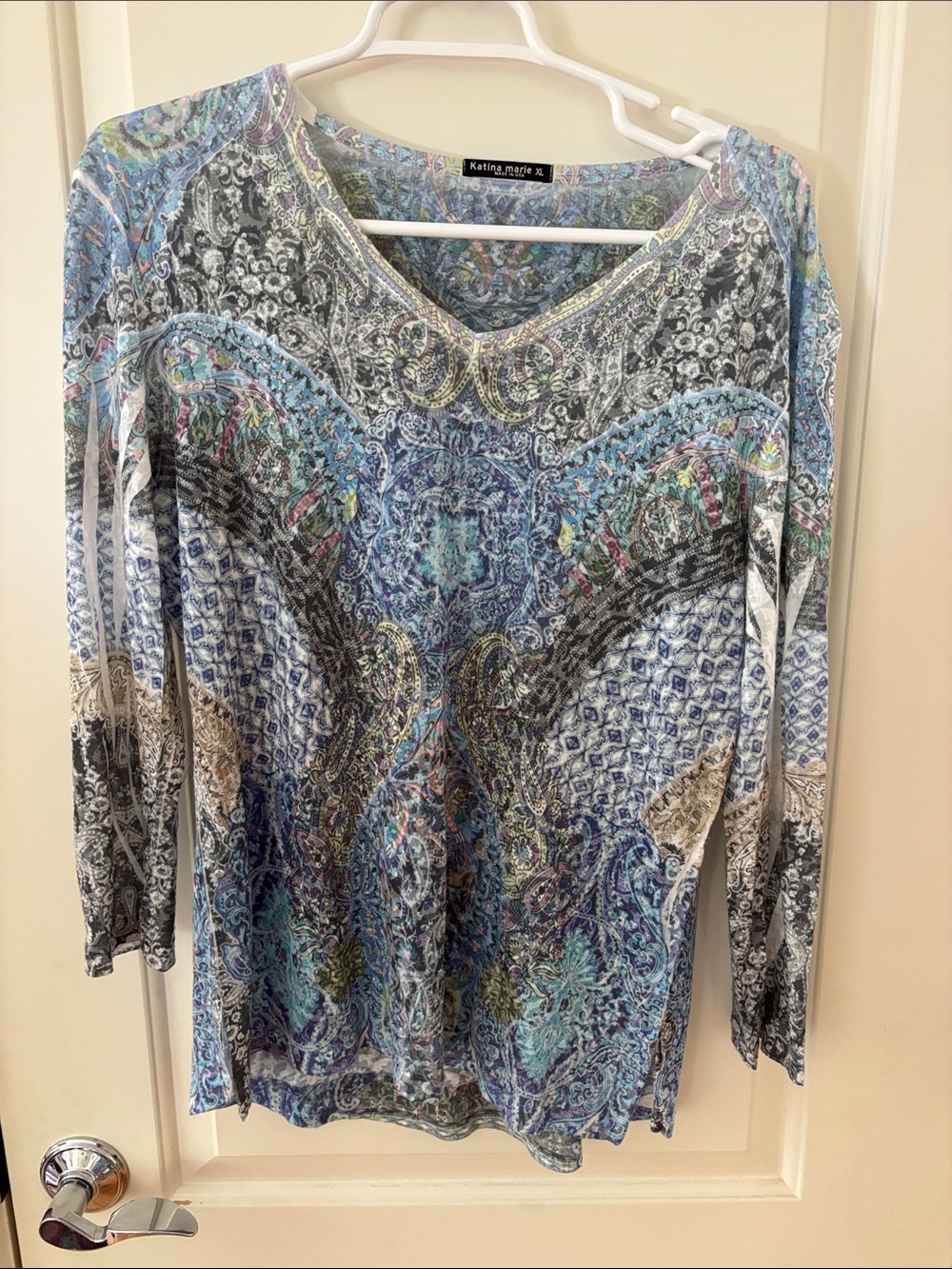 Blue Paisley V-Neck Long Sleeve Top